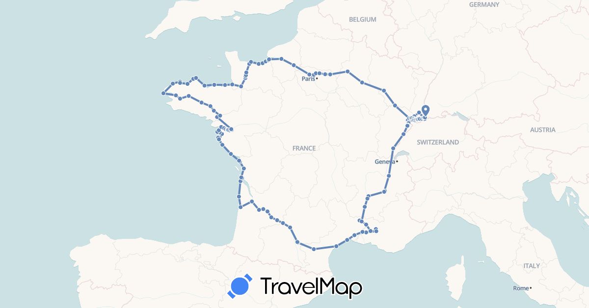 TravelMap itinerary: driving, cycling in Switzerland, Germany, France (Europe)